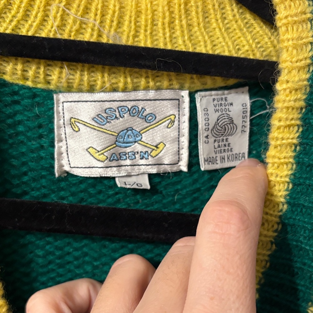 VINTAGE Virgin wool U.S. Polo Assn. V-Neck Sweater in Green with Yellow Trim - Picture 2 of 5